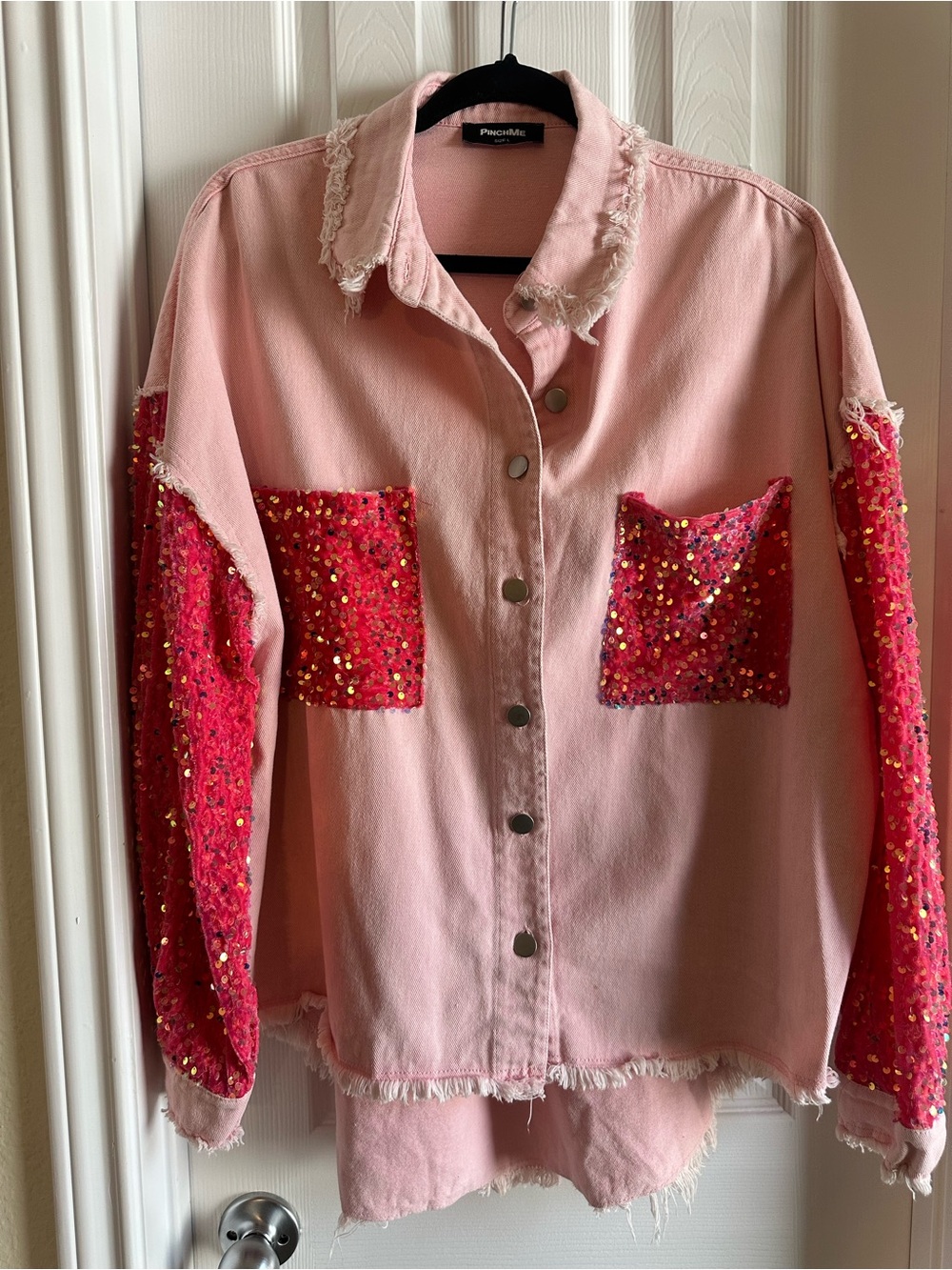 Pink Sequin-Accent Light Denim Shacket